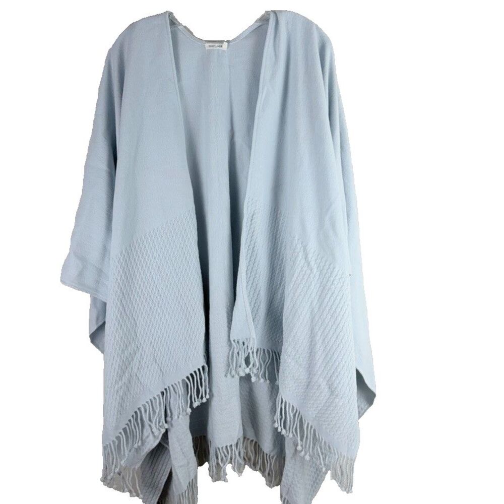 Mersea Travel Wrap One Size Poncho Shawl Blue Tassels Fringe Acrylic Coastal